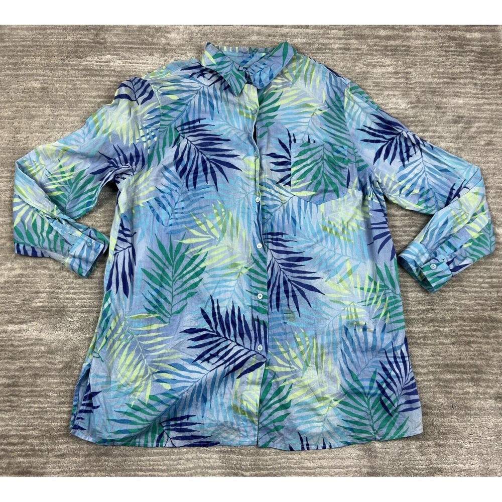 First Issue Button Up Woman 18W-20W Blue Tropical Palm Leaf Cotton Shirt Coastal